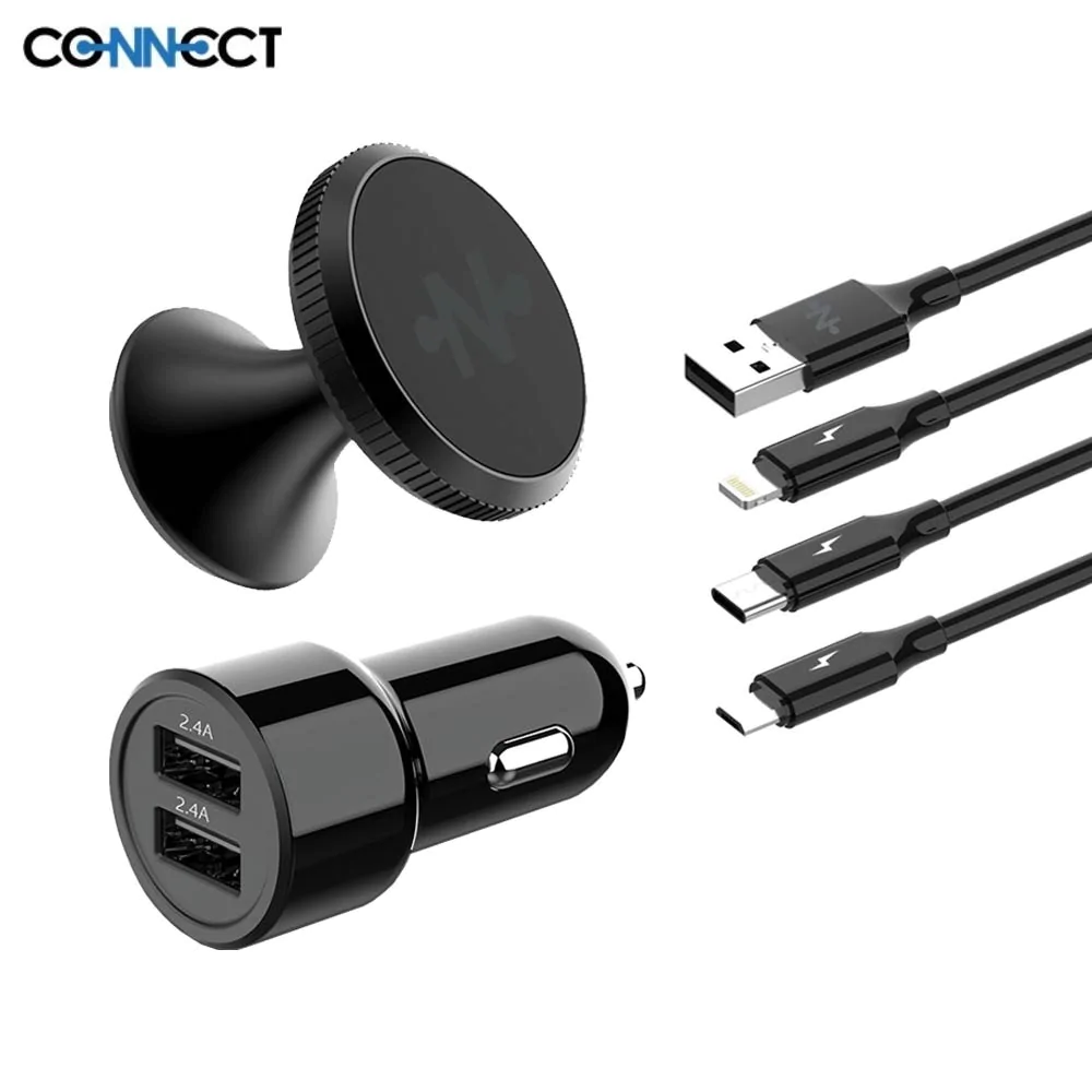 Pacchetto Viaggio CONNECT Supporto Auto (Magnetico) / Cavo 3 in 1 (1,2 m)/ Caricatore per Accendisigari (2 USB) Nero